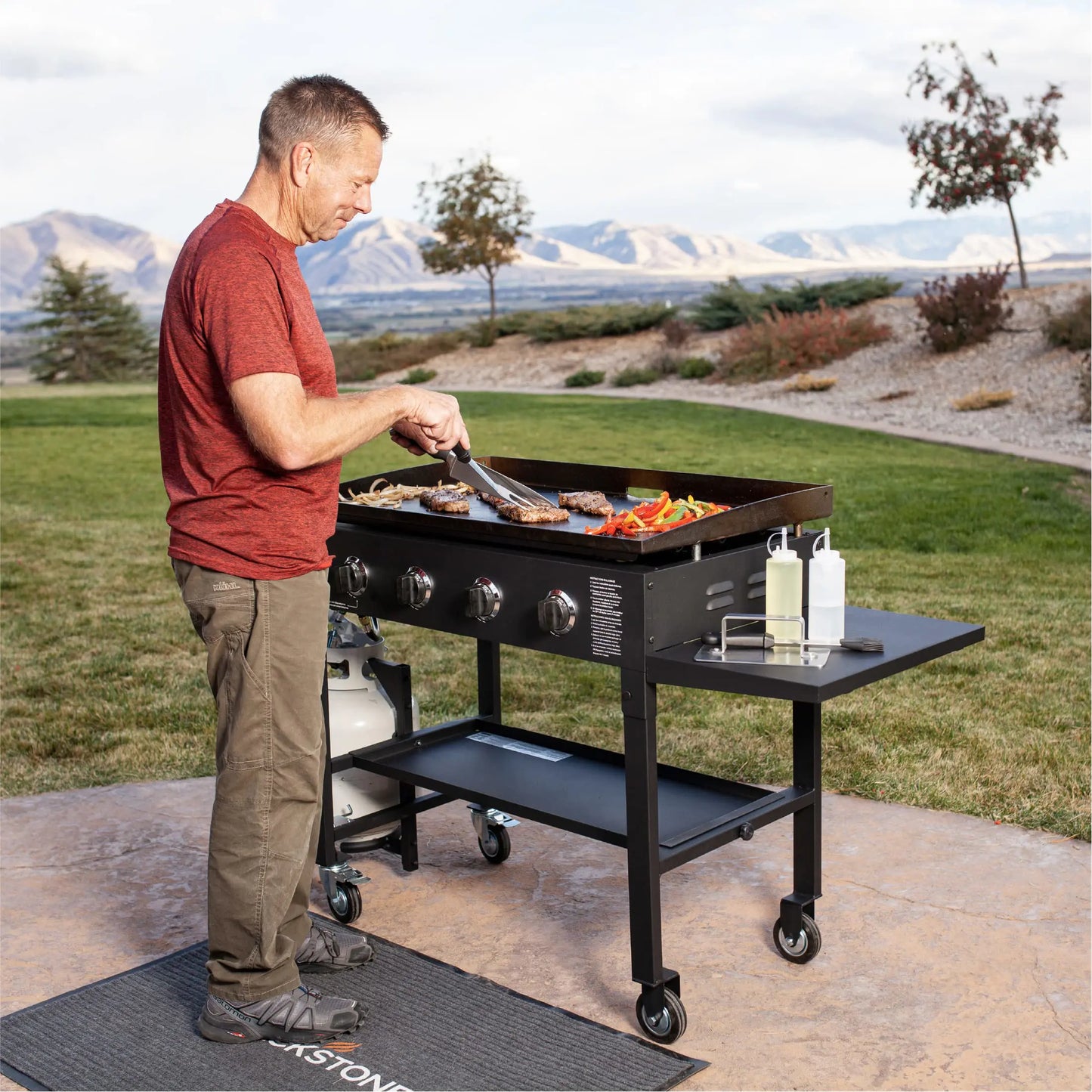 Blackstone 36 Inch Gas Griddle Cooking Station 4 Burner Flat Top Gas Grill Propane Fuelled Restaurant Grade Professional 36” Outdoor Griddle Station with Side Shelf (1554)