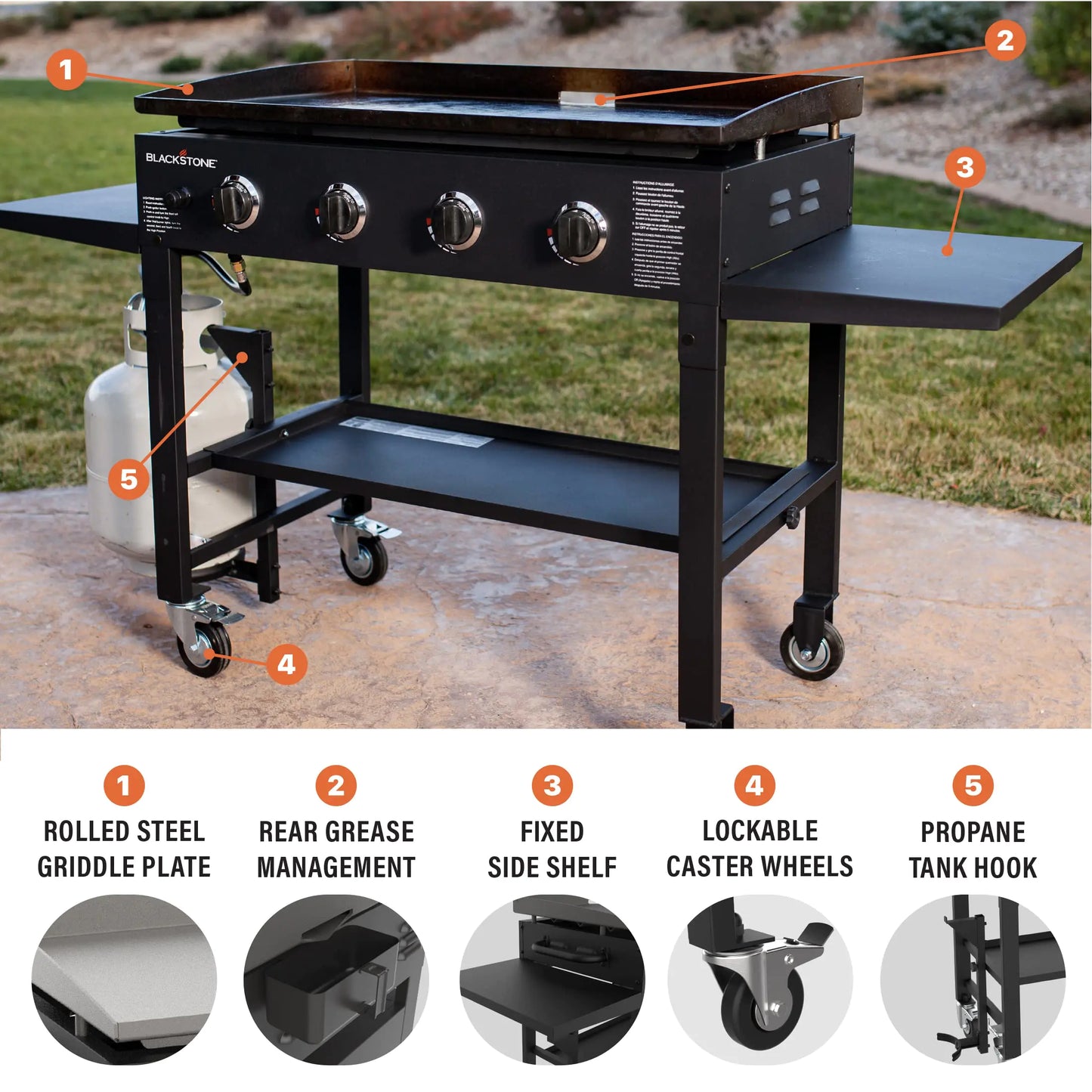 Blackstone 36 Inch Gas Griddle Cooking Station 4 Burner Flat Top Gas Grill Propane Fuelled Restaurant Grade Professional 36” Outdoor Griddle Station with Side Shelf (1554)